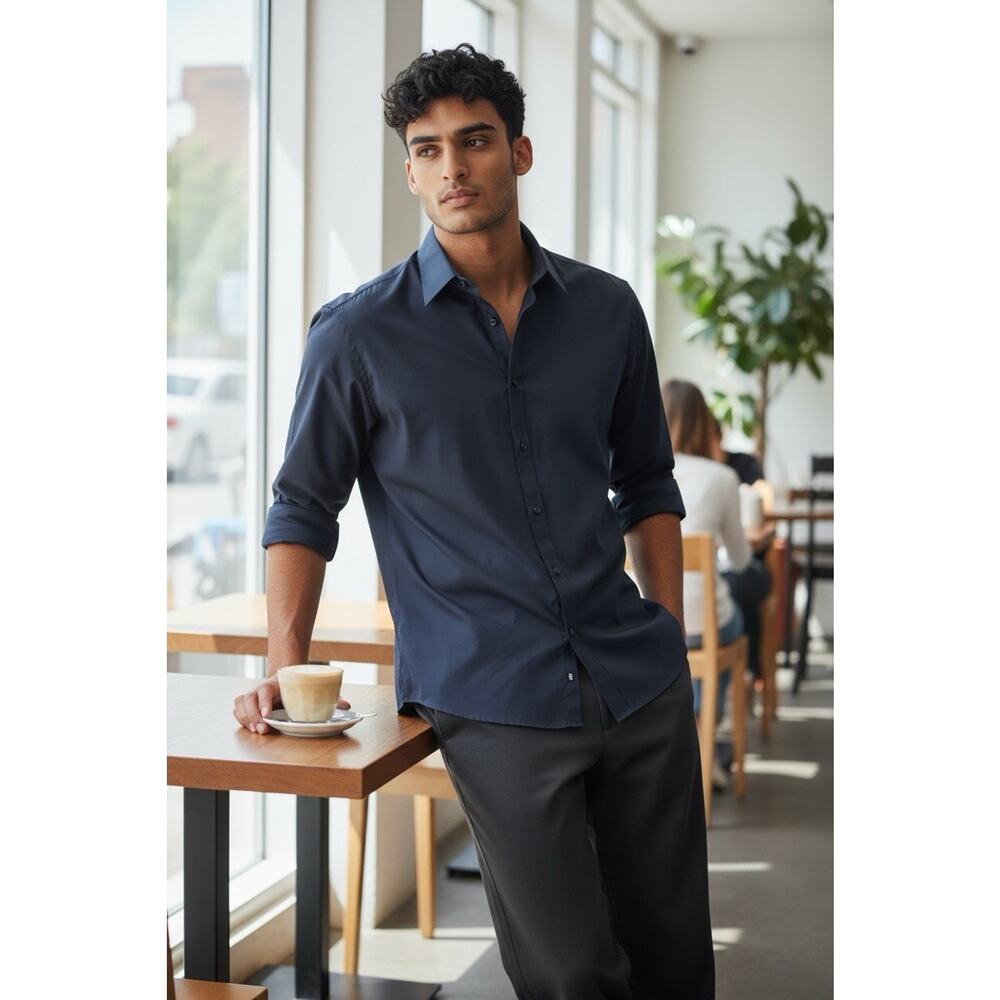 Geoffrey Beene Men's Navy Blue Dress Shirt Slim Fit Wrinkle Free Size 16.5 32/33